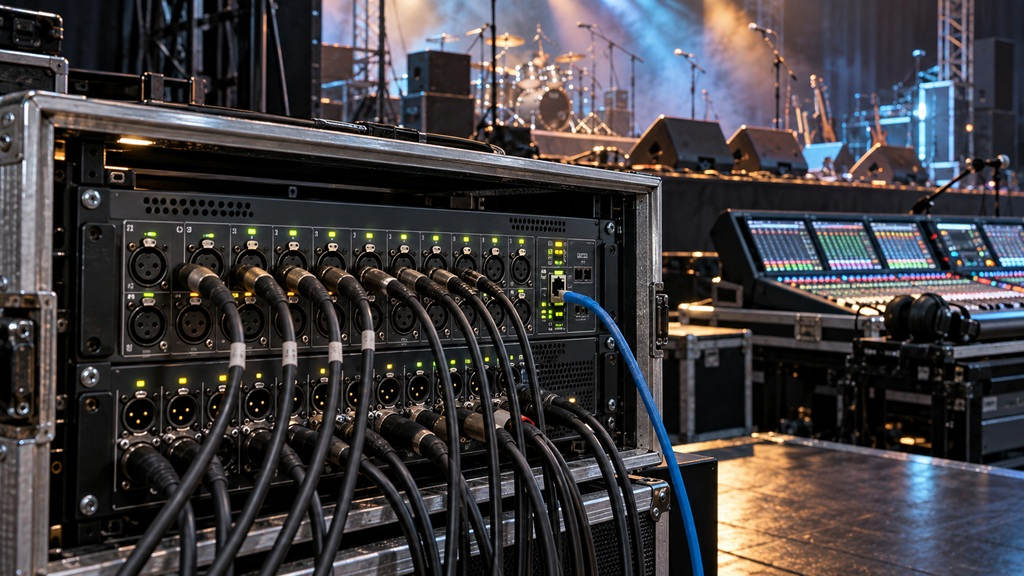 Digitale Stagebox mit XLR- und Netzwerkverbindungen vor Digitalmischpult und Bühne – Setup für Routing, Clock und Gain im Live-Betrieb.