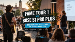 FAME Tour 1 vs Bose S1 Pro Plus – Straßenmusiker und Moderation als Einsatzbeispiele für portable Akku-PA-Systeme.
