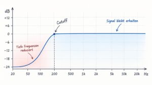 Hochpassfilter Frequenzgang mit Cutoff-Frequenz und abgesenkten tiefen Frequenzen für Live-Sound und PA.