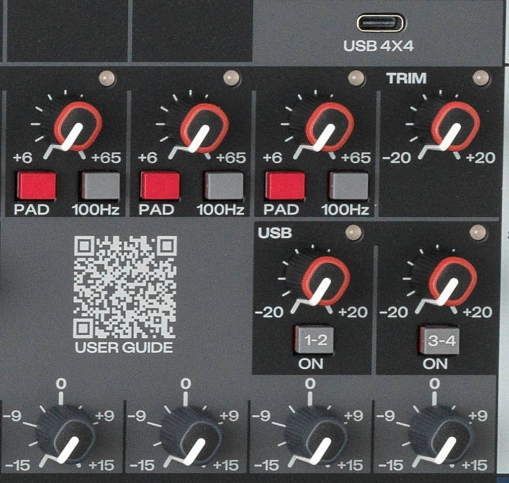 Soundcraft Signature Plus Mischpult mit 4x4 USB-C Audio-Interface, Gain-Reglern, Pad, 100-Hz-Filter und User-Guide-QR-Code