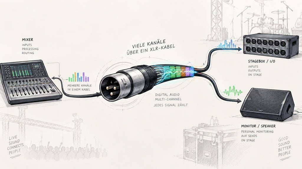 StageConnect erklärt: digitale Mehrkanal-Audioübertragung über ein XLR-Kabel zwischen Mischpult, Stagebox und Monitor.