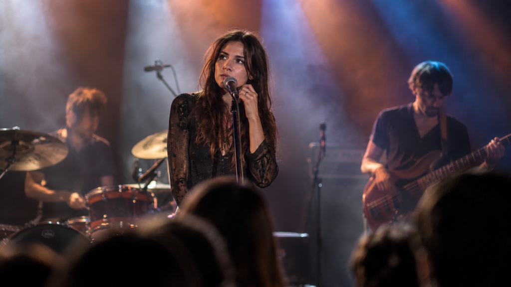Sängerin mit Band bei Live-Auftritt – Text auf der Bühne vergessen