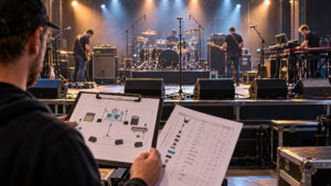 Stageplot erstellen: Veranstaltungstechniker mit Bühnenplan und Inputliste vor einer Konzertbühne mit Schlagzeug, Gitarren, Keyboard und Monitorlautsprechern.