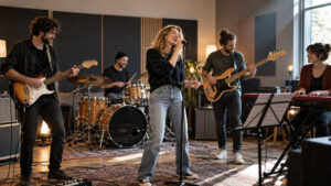 Erster Song für deine Coverband: Fünfköpfige Band mit Sängerin, Gitarrist, Bassist, Schlagzeuger und Keyboarderin bei einer gemeinsamen Probe.