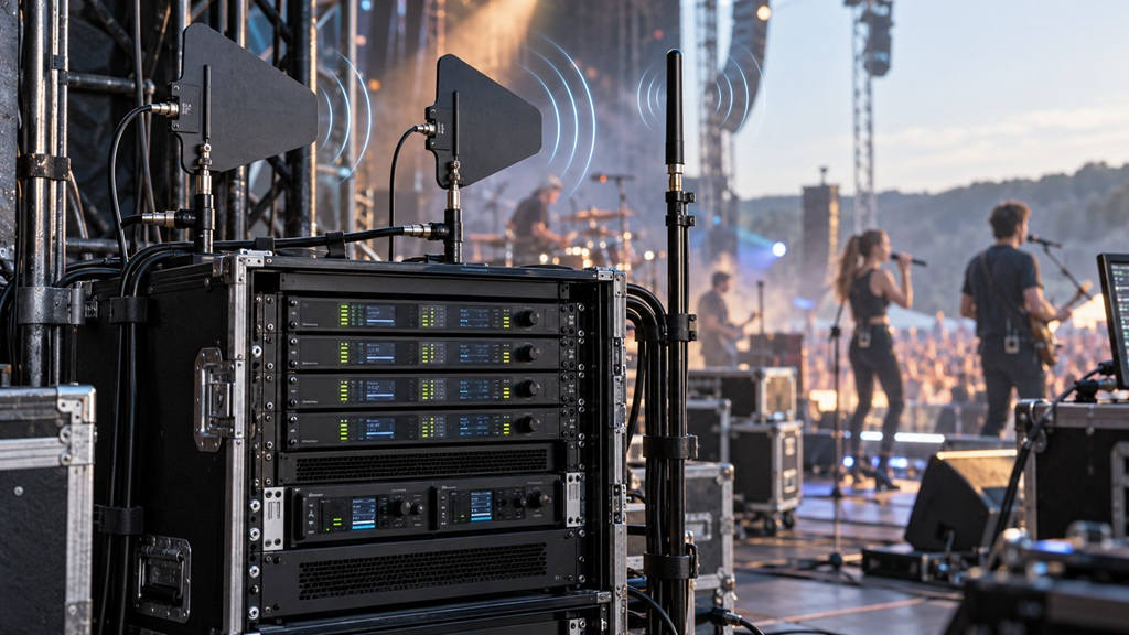 Funkantennen richtig aufstellen: Funkmikrofon-Rack mit zwei Richtantennen, separater IEM-Antenne und Musikern auf einer Konzertbühne.