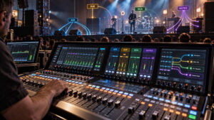 Digitales Live-Mischpult mit Mischpult-Routing für AUX, Subgruppen, DCA und Matrix am FOH-Platz vor einer Konzertbühne.