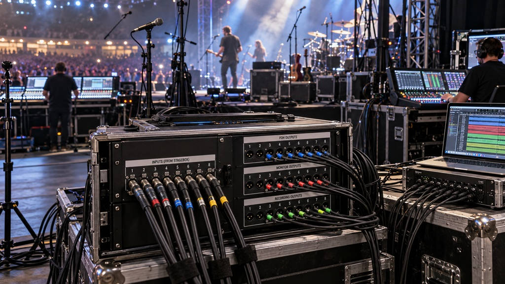 Mikrofonsplitter mit XLR-Anschlüssen zur Signalverteilung an FOH-Mischpult, Monitorpult und Live-Recording bei einem Konzert.