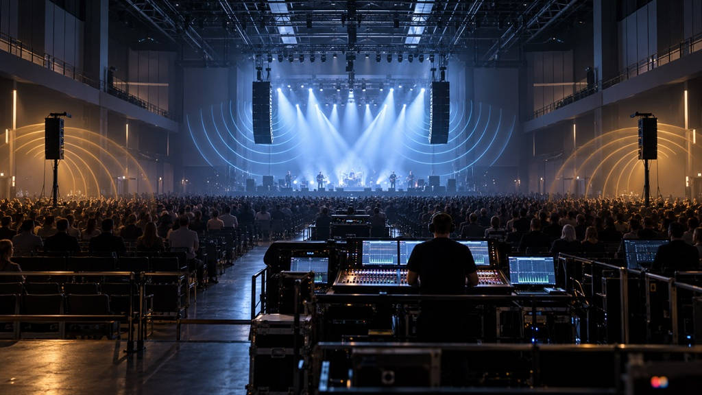 Delay-Lines richtig einstellen: Konzerthalle mit Haupt-PA, zusätzlichen Delay-Lautsprechern, Schallwellen und digitalem FOH-Mischpult.