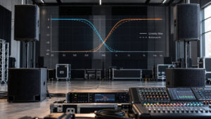 PA-Anlage mit Subwoofern, Topteilen und DSP-Controller sowie Frequenzgangkurven für Linkwitz-Riley Filter und Butterworth-Filter.